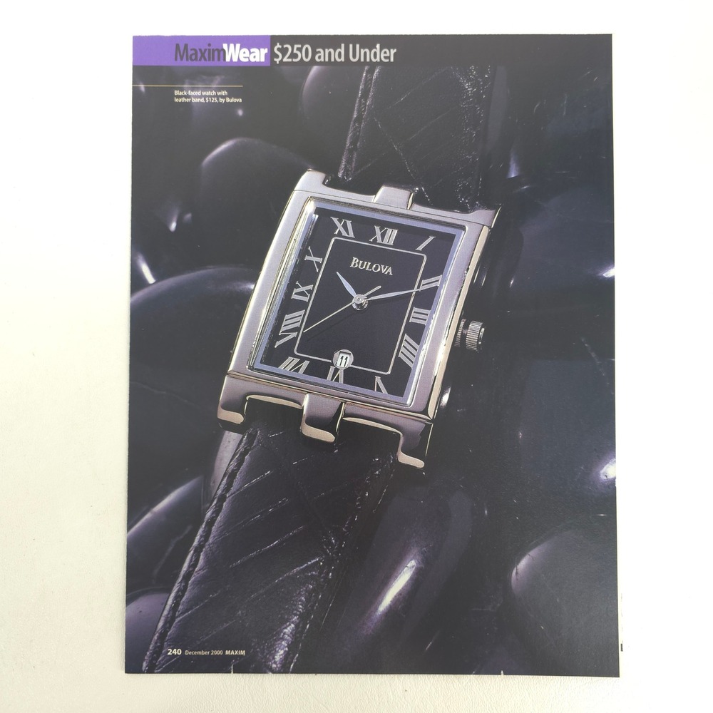 Bulova Watch PRINT AD Black Dial Leather Band 2000 Collector Fashion Wall Decor